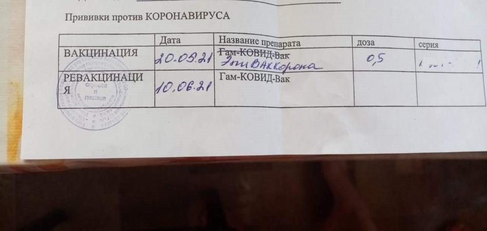 Документ Анны после вакцинации. Название вакцины переписано от руки после инъекции